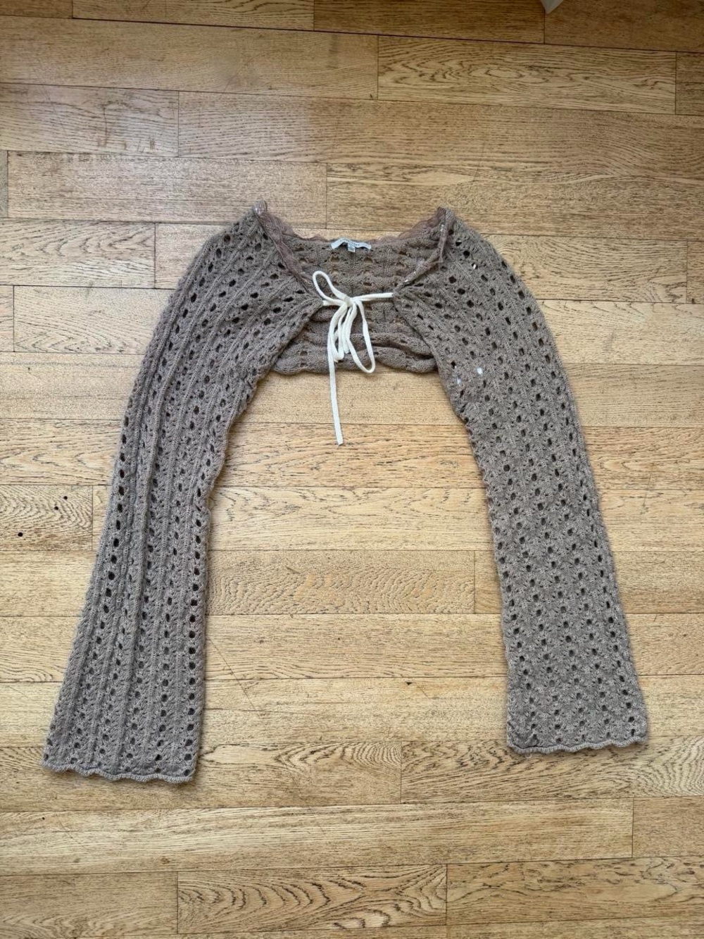 Y2K Open Knit Brown Tie-Front Shrug Cropped Sweater